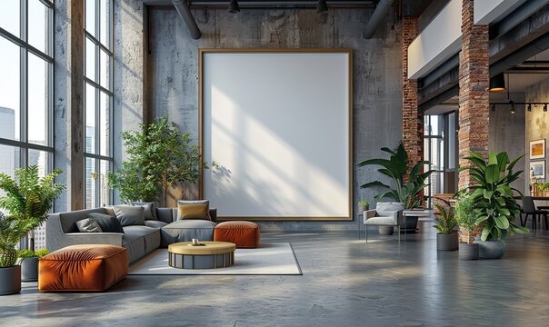 Modern coworking office interior with large blank photo frame, banner, and copy space.