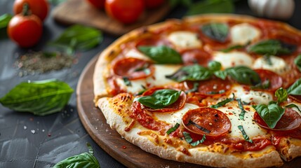Close-Up of Freshly Baked Pepperoni Pizza with Mozzarella and Basil