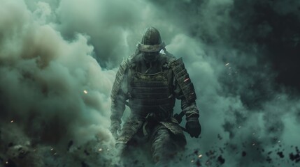 Fototapeta premium Samurai Warrior Emerging from Smoke in Dramatic Scene