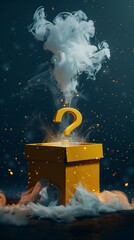 Mysterious box on a dark, misty background. A vibrant image a gift box with a luminous question mark