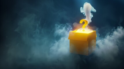 Mysterious box on a dark, misty background. A vibrant image a gift box with a luminous question mark