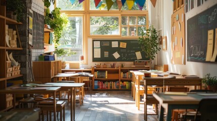 Show the school building with its various classrooms, hallways, and playgrounds. Include details such as students moving between classes, teachers engaged in instruction, and colorful bulletin boards 