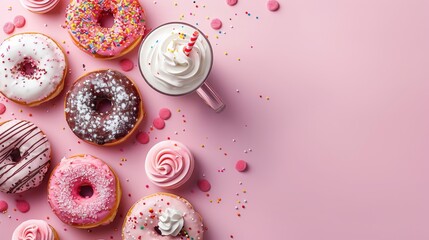 Assortment of colorful donuts with sprinkles, chocolate, and frosting, along with a cup of whipped cream coffee. Sweet treats, cafe, and bakery concept.