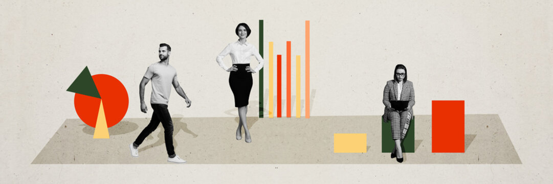 Composite panoramic collage of happy man woman colleagues workers chart diagram development concept job isolated on painted background