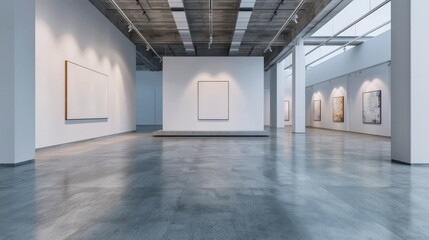 Obraz premium Empty art gallery with blank canvas paintings and spotlight in modern space. Concept of art exhibition, minimalist interior design and creative design.