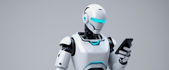 Y2k Aesthetic abstract gradient A futuristic robot holding smart