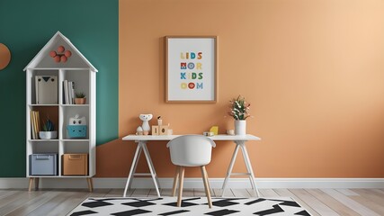 Kids study interior designs. Empty painted wall for mockup.Accent furniture and a blank background.Interior trend 2024 year Modern luxury apricot room interior home designs. Mockup wall, Mockups