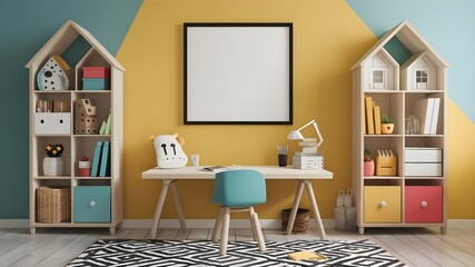 Kids study interior designs. Empty painted wall for mockup.Accent furniture and a blank background.Interior trend 2024 year Modern luxury apricot room interior home designs. Mockup wall, Mockups
