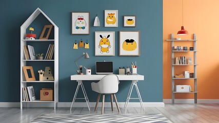 Kids study interior designs. Empty painted wall for mockup.Accent furniture and a blank background.Interior trend 2024 year Modern luxury apricot room interior home designs. Mockup wall, Mockups
