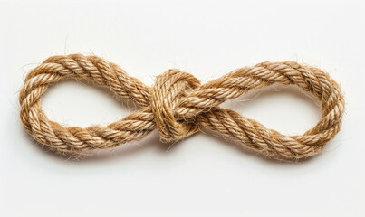 Obraz premium A loosely coiled piece of jute string isolated on a white background, showcasing natural texture and simplicity.