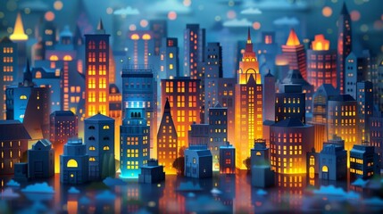 Obraz premium Paper cut city skyline, night scene, detailed buildings, glowing windows, layered design, urban atmosphere, vibrant colors