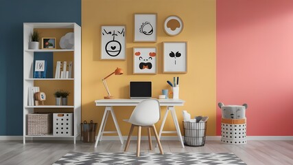 Kids study interior designs. Empty painted wall for mockup.Accent furniture and a blank background.Interior trend 2024 year Modern luxury apricot room interior home designs. Mockup wall, Mockups