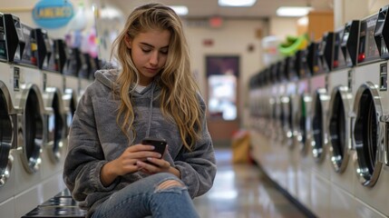 A young woman sits on a bench in a laundromat, scrolling through her phone while waiting for her laundry to finish. She wears comfortable clothing and looks relaxed. The rows of washing machines and