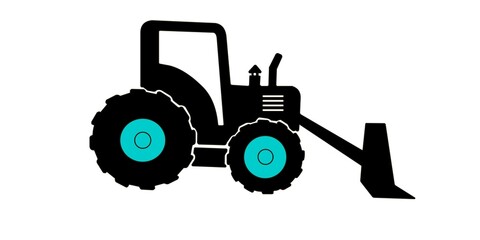 Wheeled tractor with blade icon. Black silhouette. Side view. Isolated object on white background