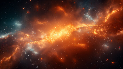 Naklejka premium Vibrant cosmic nebula illuminating vast space with swirling golden gases and twinkling stars in distant galaxies. Concept of universe, astronomy, and cosmic beauty.