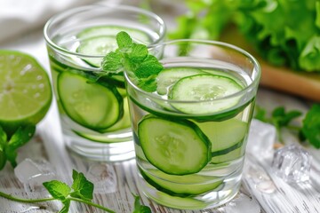 Fototapeta premium Two glasses of cucumber water with ice cubes and a few sprigs of mint