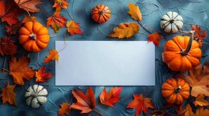 Blank white card surrounded by orange and white pumpkins and autumn leaves. Thanksgiving or fall season greeting card mockup.