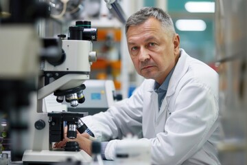 A man in a white lab coat is standing in front of a microscope