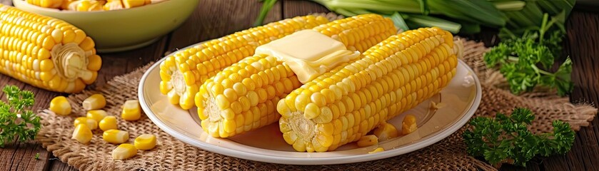 Delicious buttered corn on the cob served on a white plate, surrounded by fresh ingredients on a rustic kitchen table.