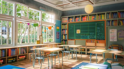 Show the school building with its various classrooms, hallways, and playgrounds. Include details such as students moving between classes, teachers engaged in instruction, and colorful bulletin boards 