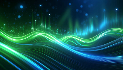 Abstract bokeh background with green and blue, sound waves, data transfer concept, illustration.