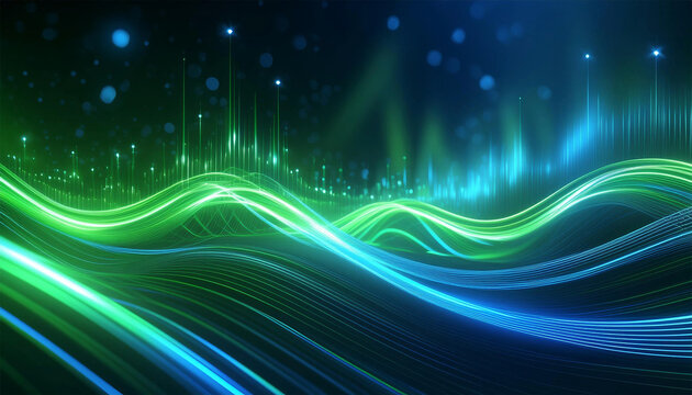 Abstract bokeh background with green and blue, sound waves, data transfer concept, illustration. AI