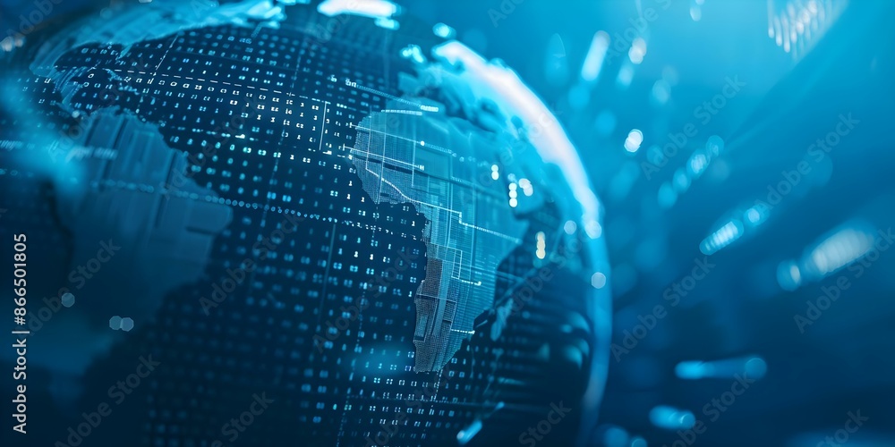 Poster a rapidly rotating digital globe facilitating data transfers across networks. concept data transfer,