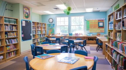 Show the school building with its various classrooms, hallways, and playgrounds. Include details such as students moving between classes, teachers engaged in instruction, and colorful bulletin boards 