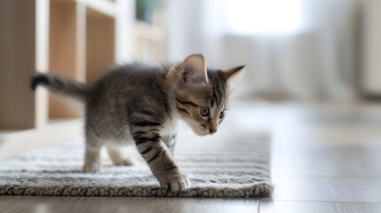 Playful Feline Chasing Laser Pointer in Minimalist Apartment Scene