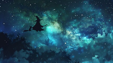 A witch and her black cat fly on a broomstick through a starry night sky. The witch is in silhouette, casting a dark shape against the vibrant blue and green clouds