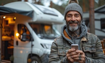 Smiling mature traveler using smartphone in camping nature park, standing near RV camper van on vacation.