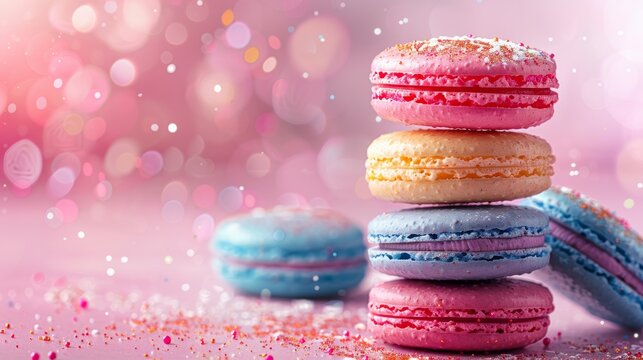 Colorful macarons stacked on a pink background with sprinkles.  Concept of sweet treats, French pastries, bakery, and delicious desserts.