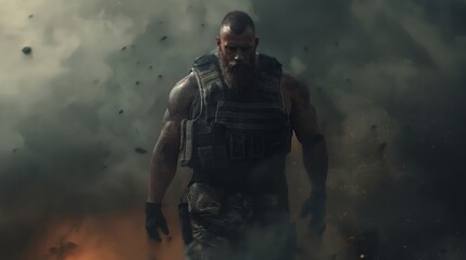 Muscular Soldier in Tactical Gear Emerging from Smoke and Fire on Battlefield