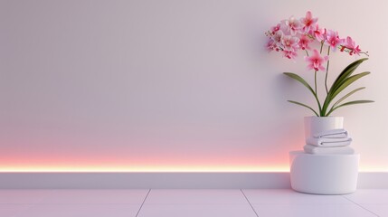 An elegant spa room decorated in white, with minimalist furnishings and a serene ambiance. The image provides plenty of copy space for customization, perfect for promoting spa services or products.