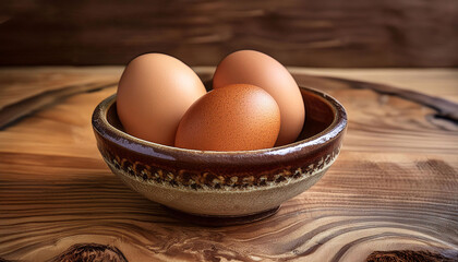 Three eggs in a ceramic bowl, rustic wooden table, recipe home cooking, nutrition