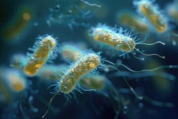 Fototapeta premium A close up of a bunch of bacteria with a blue background