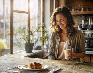 Fototapeta premium A young adult woman with wavy hair enjoying a cup of coffee at home in a sunlit kitchen. She is smiling and looking relaxed, creating a warm and inviting atmosphere.