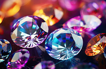 A close up of various colored gems and diamonds, including sapphires, amethysts, topaz. Created with Ai