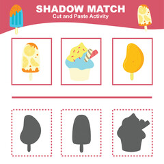 Cut the image in each box and glue it on each shadow. Find the correct shadow. Cut and paste activity for children. Printable activity page for kids. Learning Game
