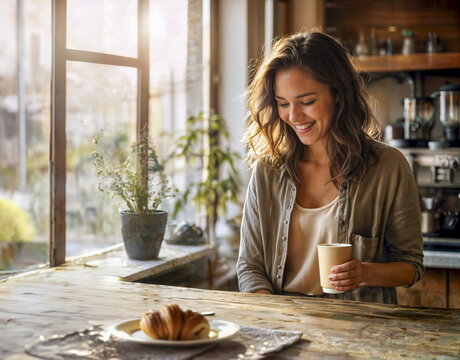 A young adult woman with wavy hair enjoying a cup of coffee at home in a sunlit kitchen. She is smiling and looking relaxed, creating a warm and inviting atmosphere.