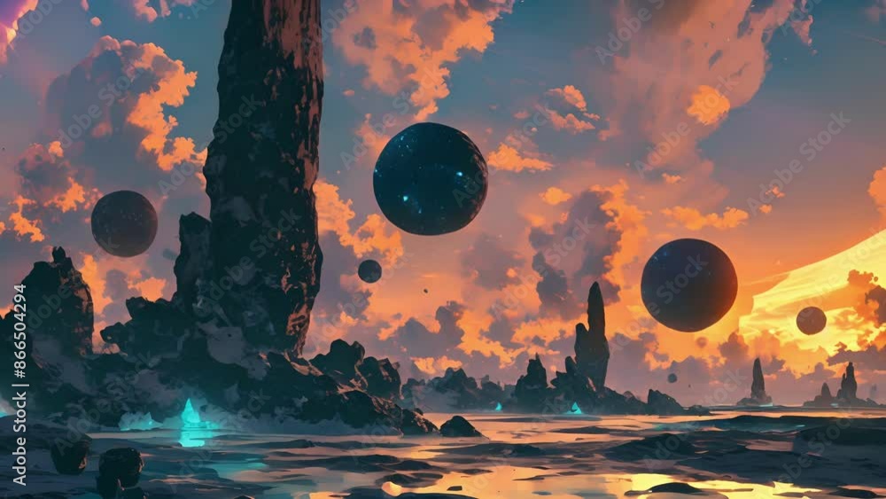 Poster an otherworldly landscape of twisting psychedelic rock formations illuminated by glowing orbs floati