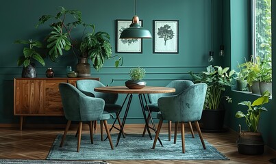Obraz premium Scandinavian mid-century living room with mint chairs, round wooden dining table, and cabinet near green wall.