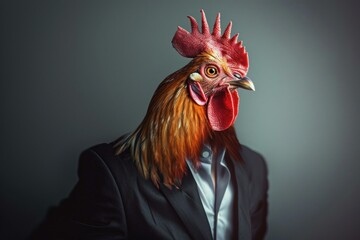 Conceptual portrait of a businessman in a suit with a rooster head on a grey background