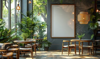 Blank mockup frame on isolated decent restaurant background with dining table, chairs, and bright window lights.