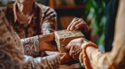 Obraz premium Hands of an elderly woman giving a gift box to another elderly woman, perfect for Mother's Day, birthdays, and Christmas 