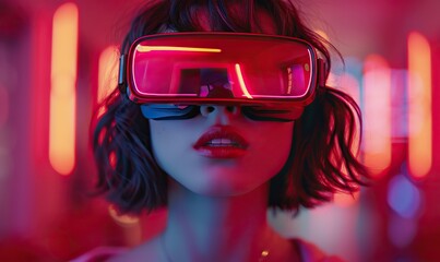 A young woman models futuristic VR and AR glasses, embracing innovation in science and technology, set against a trendy pink background, symbolizing a cyber future.