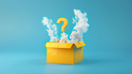 Vibrant yellow gift box with a luminous question mark on a blue misty background, mysterious image