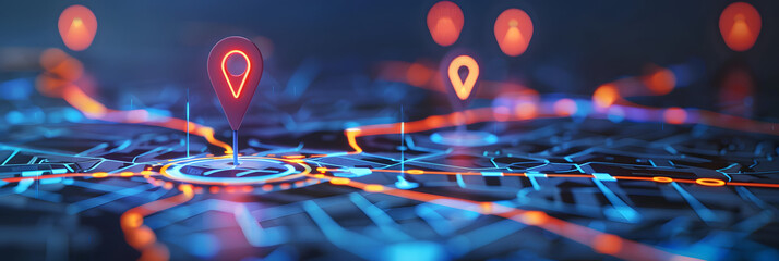 Digital GPS location on map with pin route path concept. AI generated image