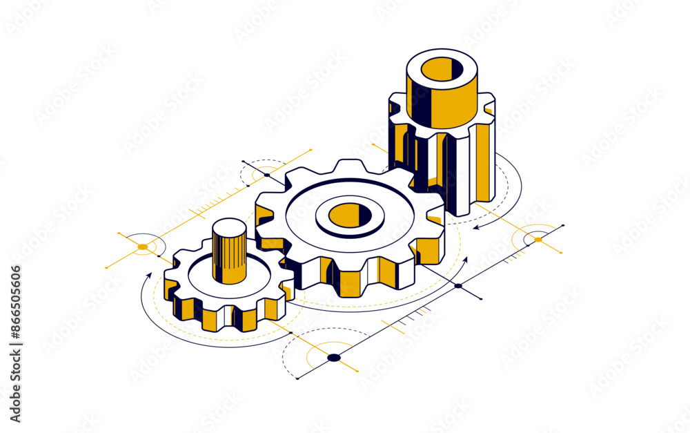 Poster mechanical engineering concept, gears and cogs with project drawing draft isometric 3d vector illust
