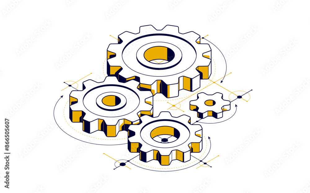 Poster mechanical engineering concept, gears and cogs with project drawing draft isometric 3d vector illust